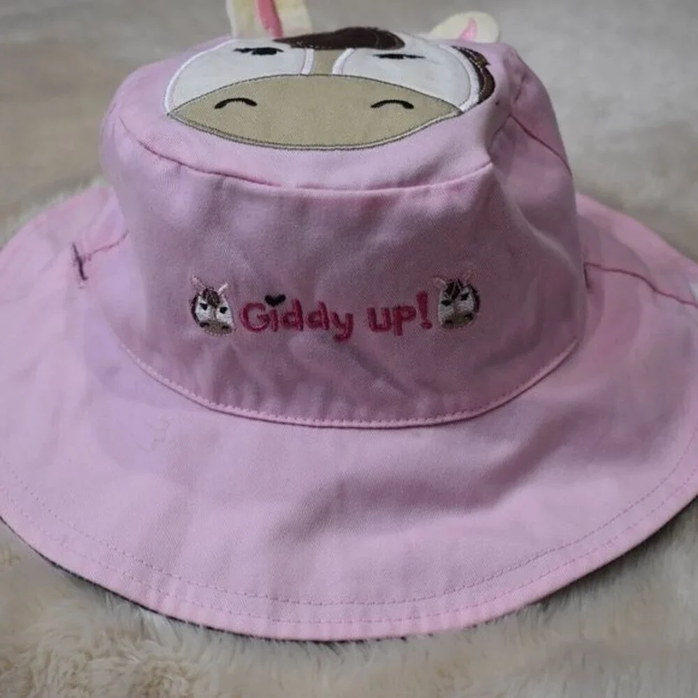 Girls Horse Reversable Bucket Hat Pink Blue Summer Beach Sun Cap